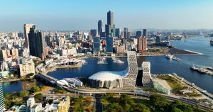 Aerial View Kaohsiung City With Blue Sky Background And Kaohsiung Harbor, Taiwan.
