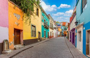 Guanajuato, Mexico, Scenic Cobbled Streets And Traditional Colorful Colonial Architecture In Guanajuato Historic City Center