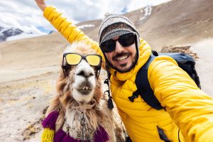 Happy Young Adult Traveler Taking A Selfie With Cute Peruvian Llama On Mountains