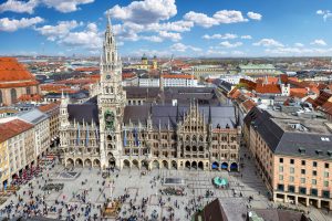 Elevated view of the new city hall at marienplatz square in munich