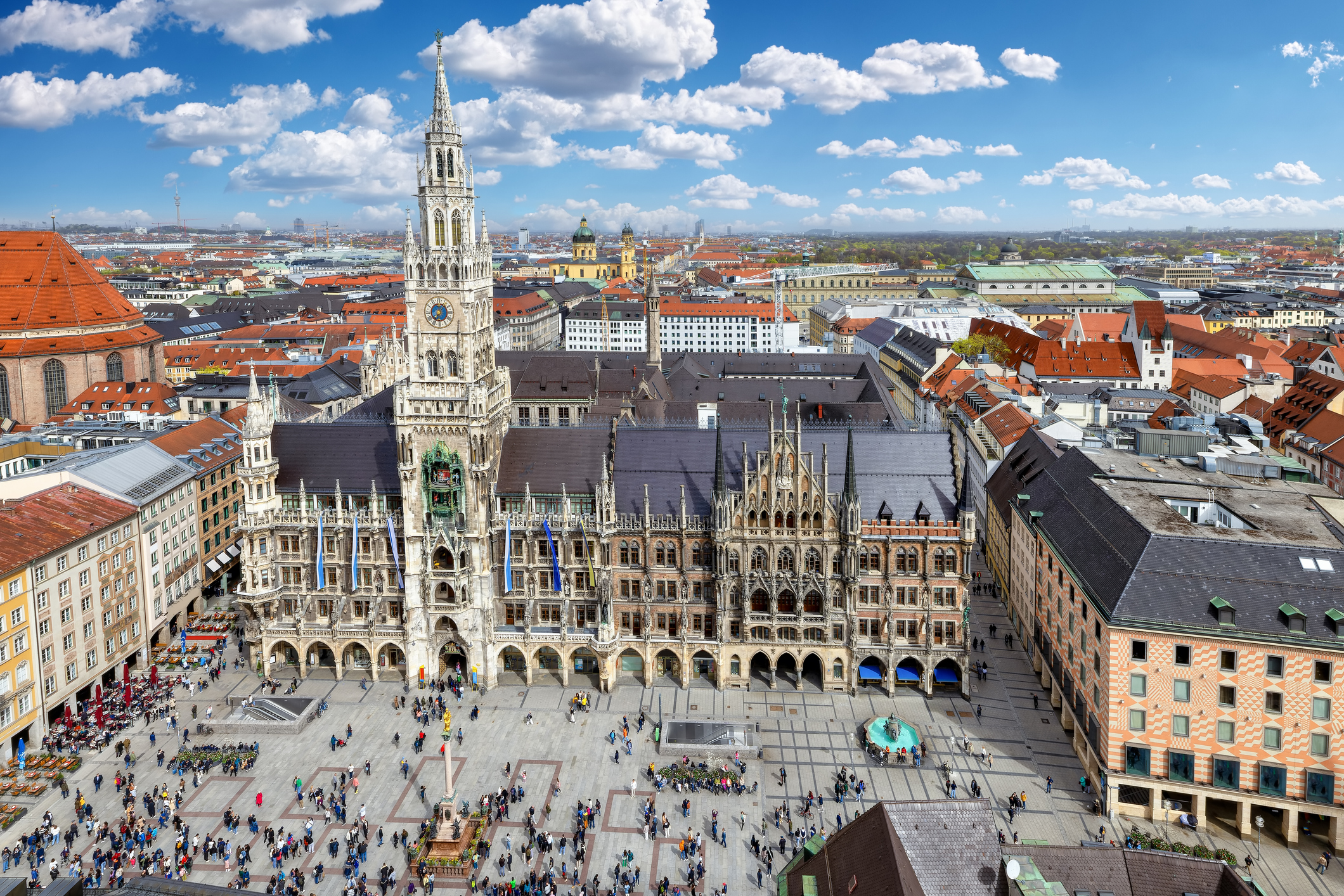 Elevated view of the new city hall at marienplatz square in munich